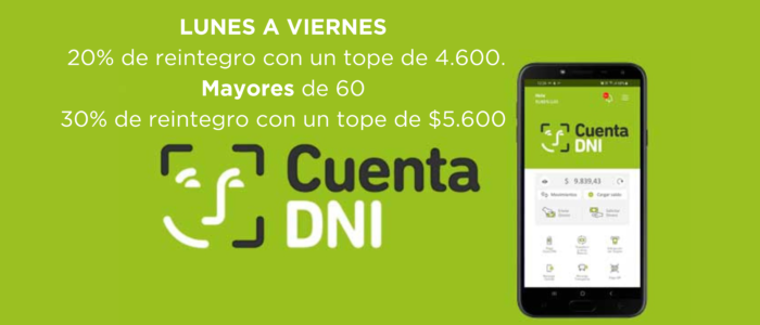 Abonando con Cuenta DNI de lunes a viernes el 20% de reintegro con un tope de $4600 y mayores de 60 años el 30% conuntope de $5600